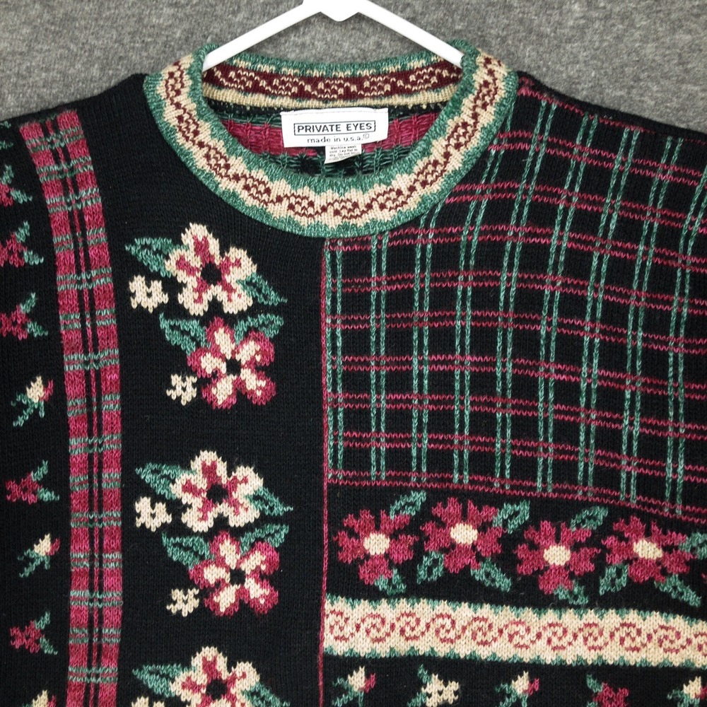 Vintage Private Eyes Sweater Black Floral Tunic Women's Size XL Cottagecore 80s - Picture 5 of 11